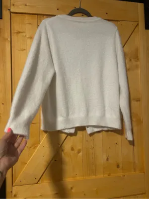Nanette Lepore Cream Fuzzy Cardigan Sweater Gold Chain Trim‎ Tweed Vibez XL⁠ thumbnail 6