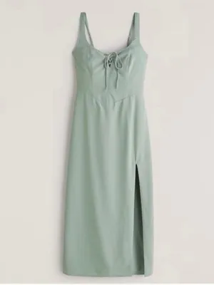 Abercrombie & Fitch Corset Lace-Up Midi Dress Slit Light Green Large Petite thumbnail 2