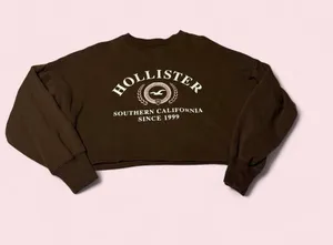 Hollister Cropped Crewneck Sweatshirt in Dark Brown with White Logo thumbnail 1