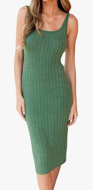 Cupshe Green Ribbed Sleeveless Bodycon Midi Dress Size M thumbnail 1