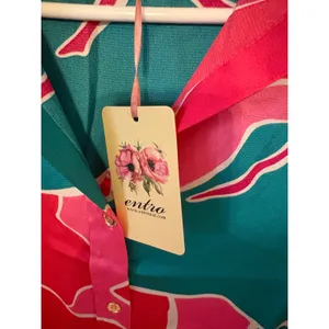 Entro Women Pink Teal Abstract Floral Satin Button Down Blouse Long Sleeve Small thumbnail 3