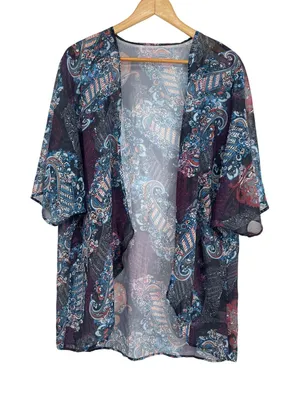 Paisley Sheer Kimono Cardigan‎ XL Blue Purple Boho Open Front Layering Top thumbnail 1