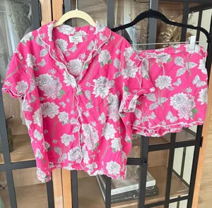 Crafted by mahogany dahlia pajamas set shorts sleeve shirt button down cotton thumbnail 1