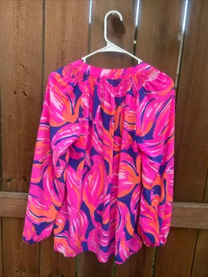 Lilly Pulitzer Elsa Plume Blume Flamingo Silk Long Sleeve Blouse Size Medium thumbnail 3