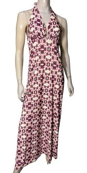 Talk to Angels Women’s Size M Red Maroon White Geo Print Long Maxi Halter Dress thumbnail 1