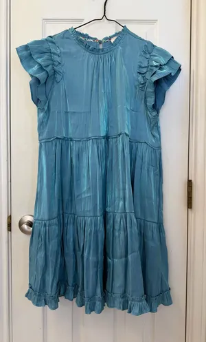 Umgee Blue Shimmer Ruffle Sleeve Tiered Dress thumbnail 1