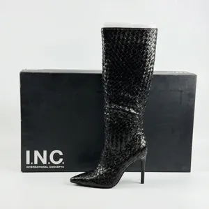 INC International Concepts Size-9.5M Black Woven High Stiletto Boots Pointed Toe thumbnail 2