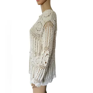 Roaman’s Vintage 90s Cream Boho Hippie Western Eclectic Crochet Long Sleeve Top thumbnail 3