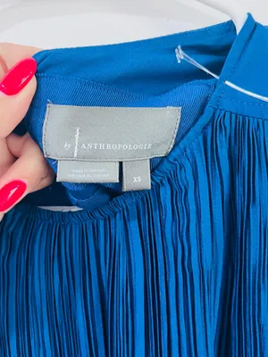 Anthropologie Blue Pleated Mini Dress XS Flowy Babydoll Minimalist Party thumbnail 3