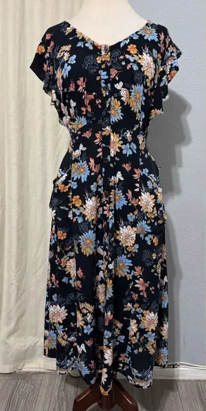 Xhilaration Black Floral Button Front Midi Dress XXL Flutter Sleeve Pockets Boho thumbnail 1