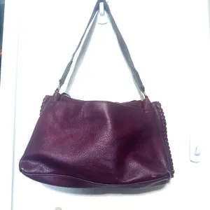 Burgundy Vegan‎ Leather shoulder bag woven flap purse slouchy hobo whipstitch thumbnail 4