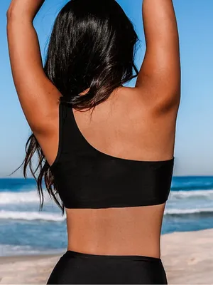Cupshe Black Mesh Insert One Shoulder Swim Bikini Top Size M thumbnail 2