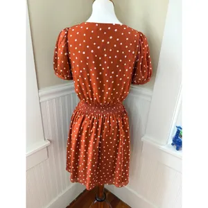 Madewell Smocked-Waist Mini Dress Polka Dots Burnt‎ Clay Puff Sleeve XS thumbnail 3