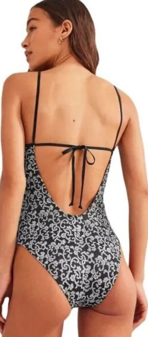Boden Black & White Patterned Scoop Neck Tie Back One Piece Swimsuit thumbnail 2
