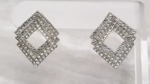 Vintage Stud Earrings Geometric Clear Gem Silver Tone - Fair Condition thumbnail 1