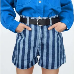 Zara High Waisted Light Dark Blue Striped Denim Shorts Size 4 thumbnail 6