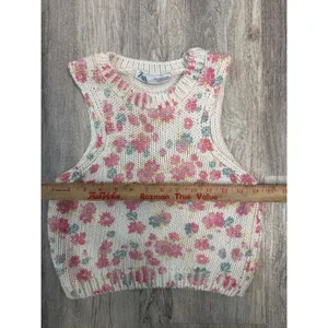 Zara Womens Floral Chunky Knit Sweater Vest‎ Pink Blue Cream Size Medium thumbnail 5