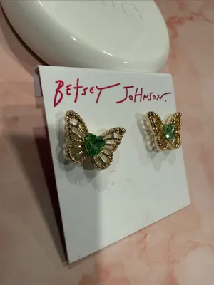 Betsey Johnson Gold Butterfly Stud Earrings with Green Crystal | Sm/Med thumbnail 3
