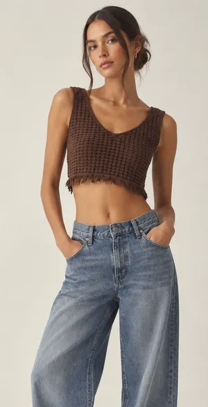 Reformation Lieta Open Knit Top Small Brown Crochet Festival Fringe Chic Fall thumbnail 1