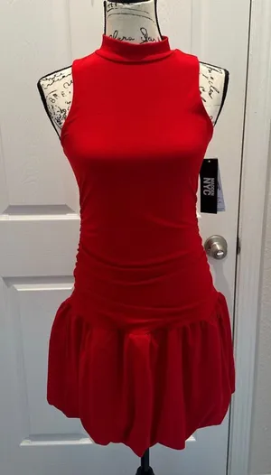 Madden NYC Red Sleeveless Mock-Neck Ruche Dress thumbnail 1
