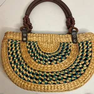Brown Tan Teal Woven Straw Women’s Purse Handbag Wood Bead Accents Boho Beach thumbnail 6