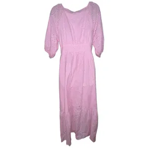 Sanctuary Pink Eyelet Maxi Dress Puff Sleeve Tiered Cotton Blend Size 6 V Neck thumbnail 5