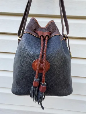 Vintage Dooney & Bourke All Weather Leather Black Brown Drawstring Bucket Bag thumbnail 4