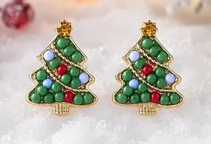 Gold-Tone Green Christmas Tree Stud Earrings with Red & Blue Accents thumbnail 1