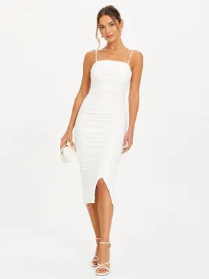 NEW Lulus Toast to Romance White Ruched Pearl Bodycon Midi Dress Sz LARGE thumbnail 3