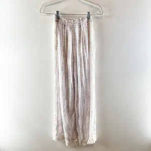 Surf Gypsy Tie Dye Smocked Drawstring Crochet Hem Wide Leg Pants White Purple thumbnail 6