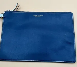 Tory Burch Navy Large Zip Pouch Leather Wristlet Zip Clutch thumbnail 3