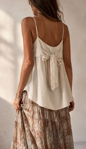 MABLE Anthropologie Ivory Tencel Tie Back Babydoll Cami Top Small thumbnail 1