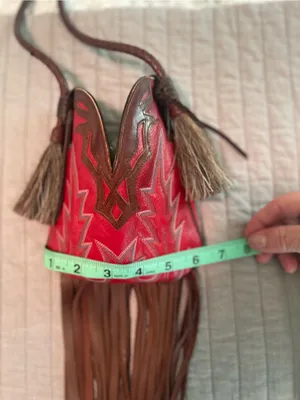 Red Leather Fringe Crossbody Mini Bag with Brown Trim thumbnail 6