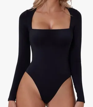 QINSEN Women's Sexy Square Neck Bodysuit Long Sleeve Double Lined Shirt Top thumbnail 1