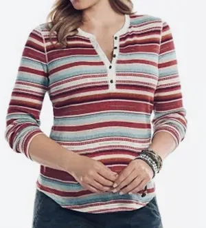 Chaps Denim Women's Sz L Striped Cotton South Western Henley Pullover Top thumbnail 1