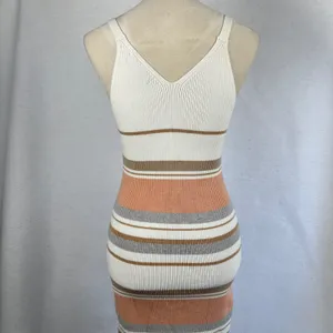Striped Ribbed Knit Midi Dress‎ Spaghetti Strap V Neck Bodycon Womens Small thumbnail 5