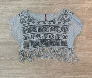 Vintage Miss Royal T Fringe Hem Aztec Geo Print Crop Top in Gray, Size Small thumbnail 1