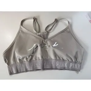 Victorias Secret PINK‎ Silver Metallic Logo Sports Bra Gray Racerback Medium thumbnail 2