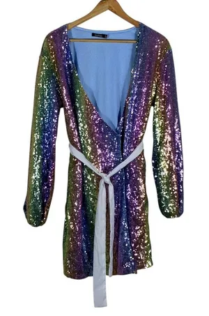 Boohoo Rainbow Sequin Wrap Mini Dress Multi Color Festival Party Sparkly Size 6 thumbnail 1
