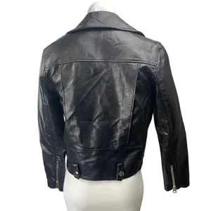 Sleek Chic Black Faux Vegan Leather Asymmetric Zip Long Sleeve Moto Jacket Sz S thumbnail 2