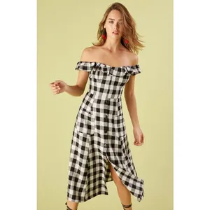 Reformation Hattie Off Shoulder Linen Midi Dress US 0 Gingham Europe Vacation‎ thumbnail 3
