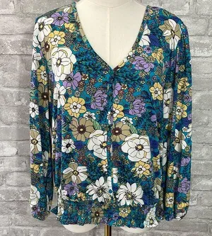 Eclair Floral Button Down Smocked Top Blue Size L thumbnail 1
