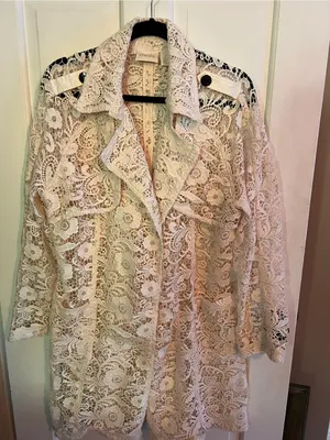Chico's Cream Lace Longline Trench Coat Sz 2 Chicos sizing thumbnail 1
