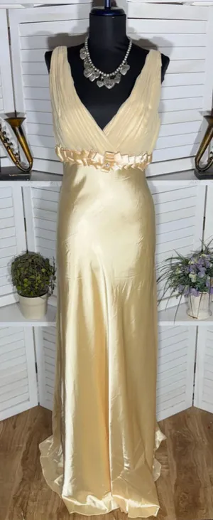 Vintage 90s prom dress golden satin open back mermaid formal homecoming fairy S thumbnail 1