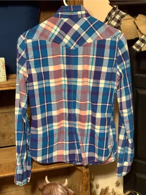 American Eagle Plaid Flannel Snap Button Front Shirt Blue Pink Women's Small thumbnail 9