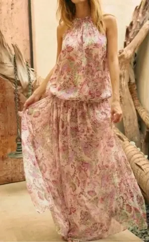 MISA Floral Halter Maxi Dress Pink Green XS/S Boho Chiffon flowy romantic whimsi thumbnail 1