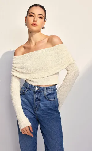 Commense Plush Ivory Casual Stretch Off Shoulder Knit Sweater Top XS thumbnail 1