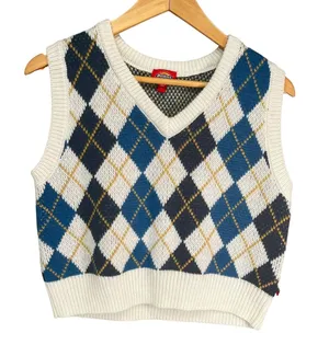 Dickies Juniors Argyle Sweater Vest Blue White Yellow Preppy Knit Pullover Large thumbnail 1