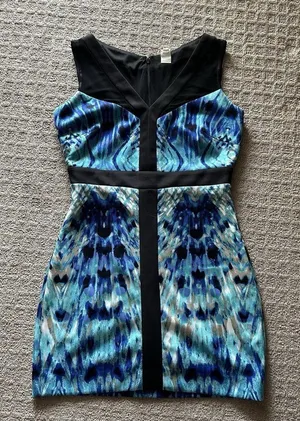 Sangria Blue Black Geometric Mini Bodycon‎ Dress V Neck Womens Career Office thumbnail 1