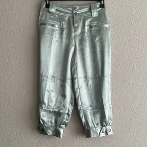 NEW Free People Ryder Pants L Metallic Silver Satin Moto Crop Vegan Shiny Green thumbnail 11
